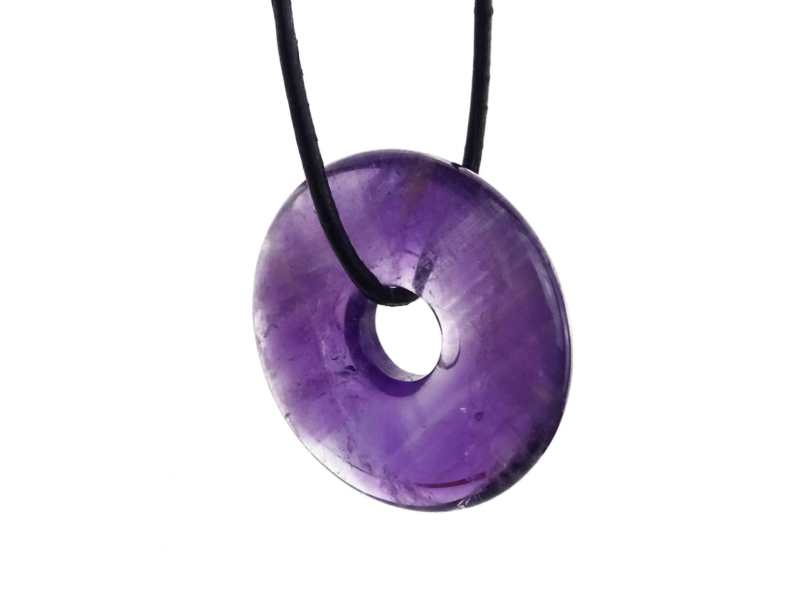 Amethyst Edelstein (Donut) - Anhänger inkl. 1m Leder- oder Kunstleder Halsband (Schmuckstein)