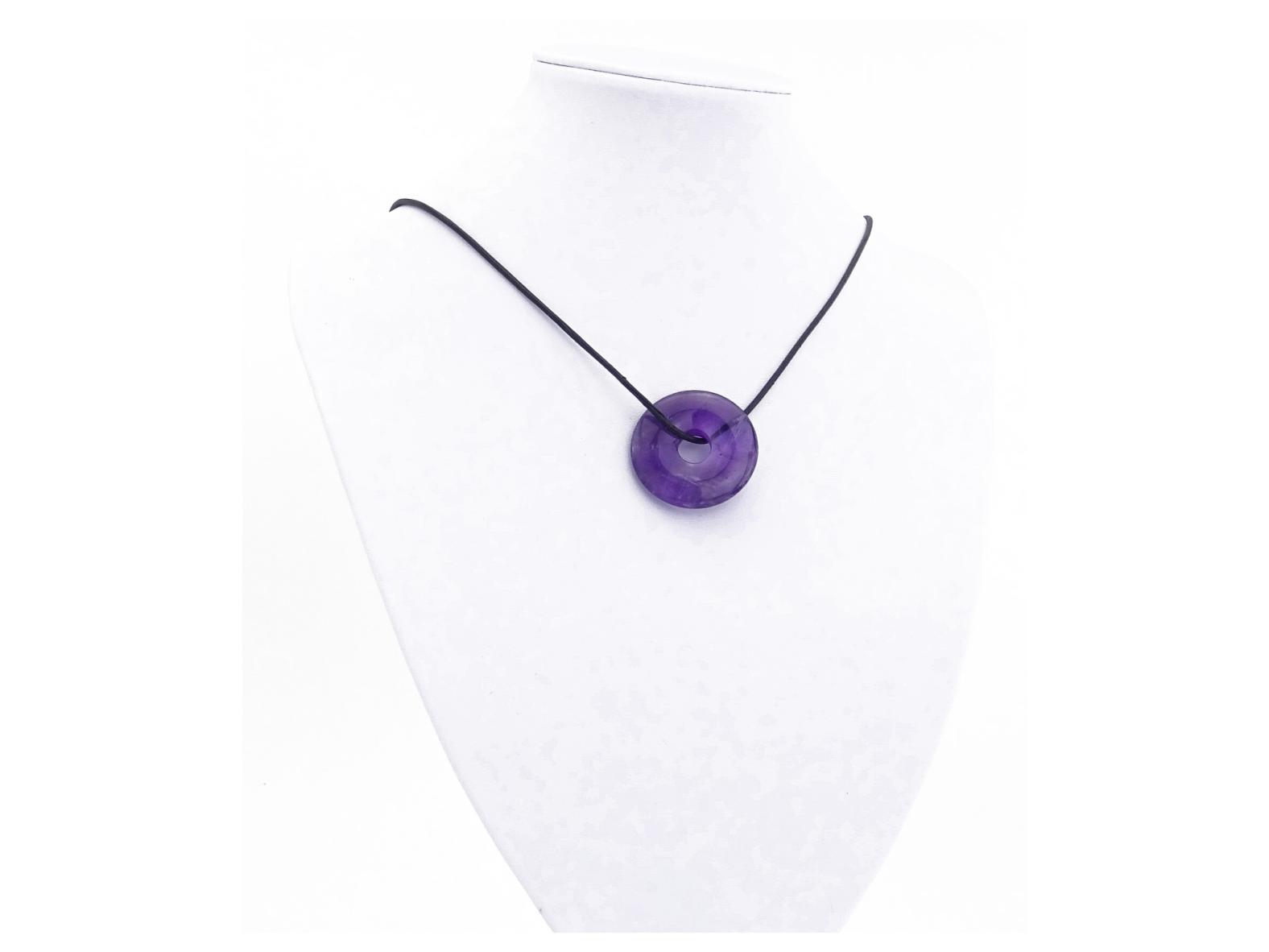 Amethyst Edelstein (Donut) - Anhänger inkl. 1m Leder- oder Kunstleder Halsband (Schmuckstein)