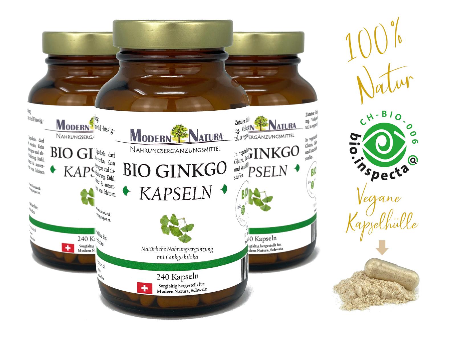 BIO Ginkgo Kapseln - 3x 240 Kapseln Vorteilspack - Biloba-Spezialextrakt (240 Stück, Vegan & Glutenfrei)