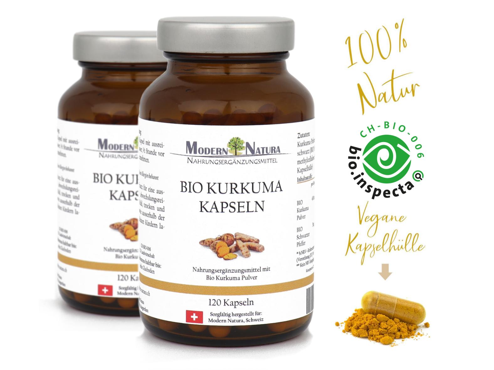 BIO Kurkuma / Curcuma Kapseln - Doppelpack 2x 120 Kapseln im Glas -  Mit 400mg BIO Curcuma + 5mg BIO Schwarzer Pfeffer - Vegan & Glutenfrei