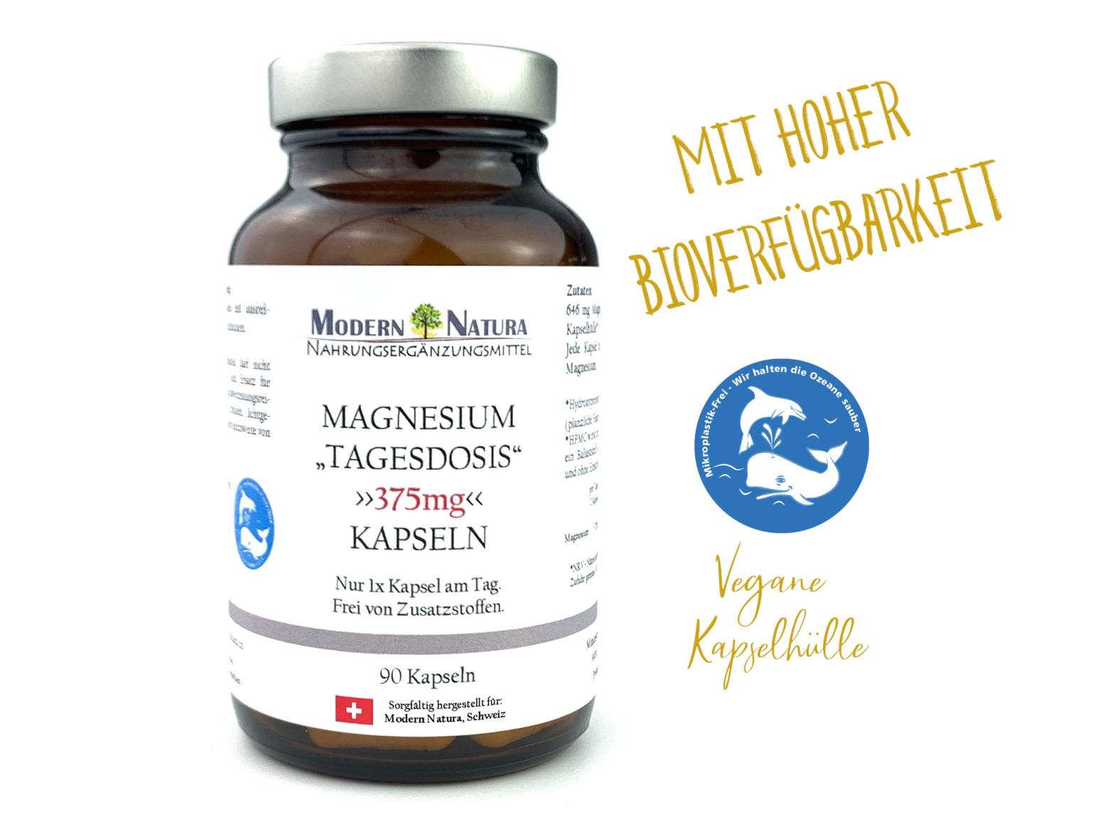 Magnesium "Tagesdosis" 375mg - Hochdosiert - 90 Kapseln - Vegan & Glutenfrei - Hohe Bioverfügbarkeit