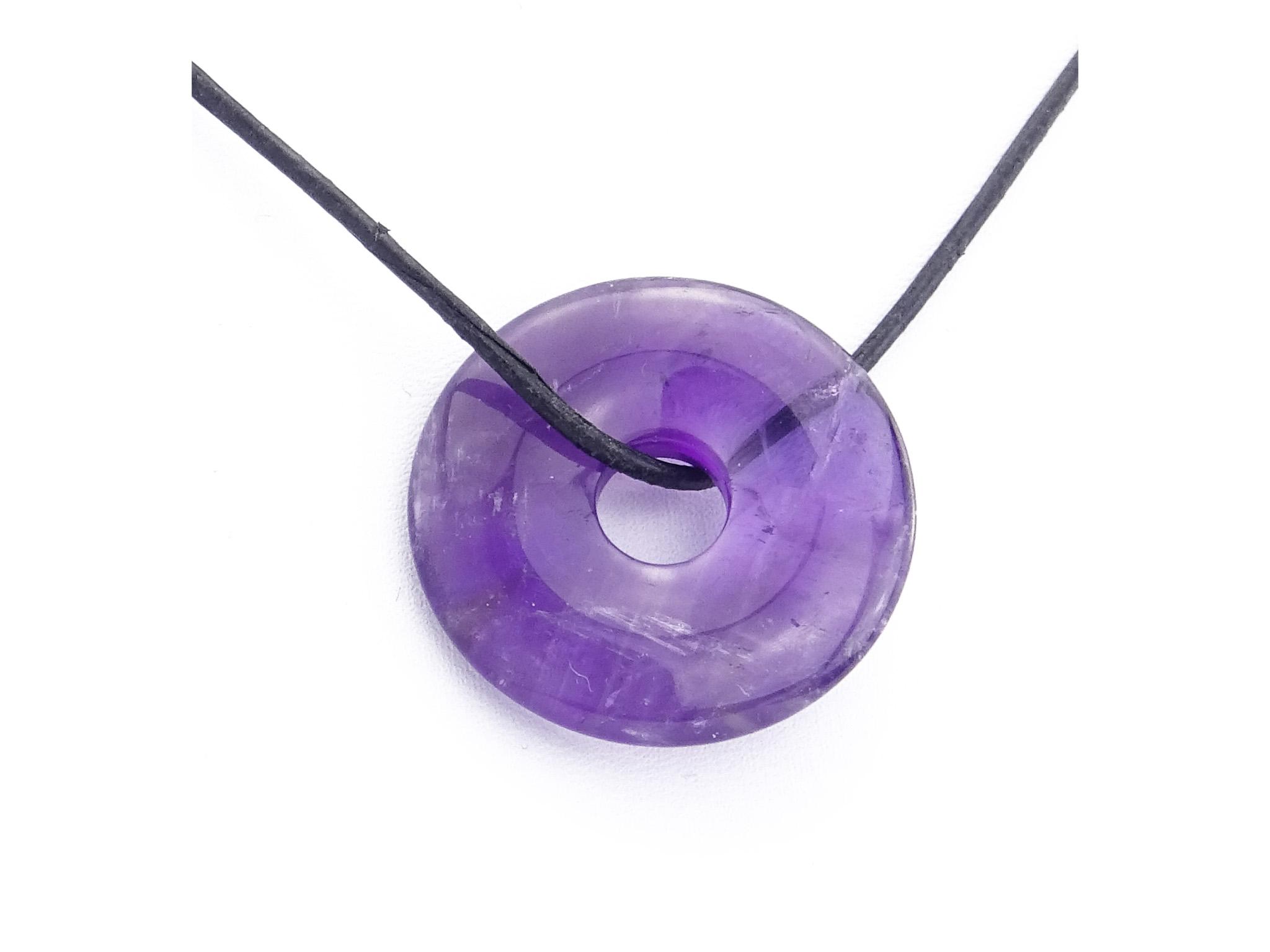 Amethyst Edelstein (Donut) - Anhänger inkl. 1m Leder- oder Kunstleder Halsband (Schmuckstein)