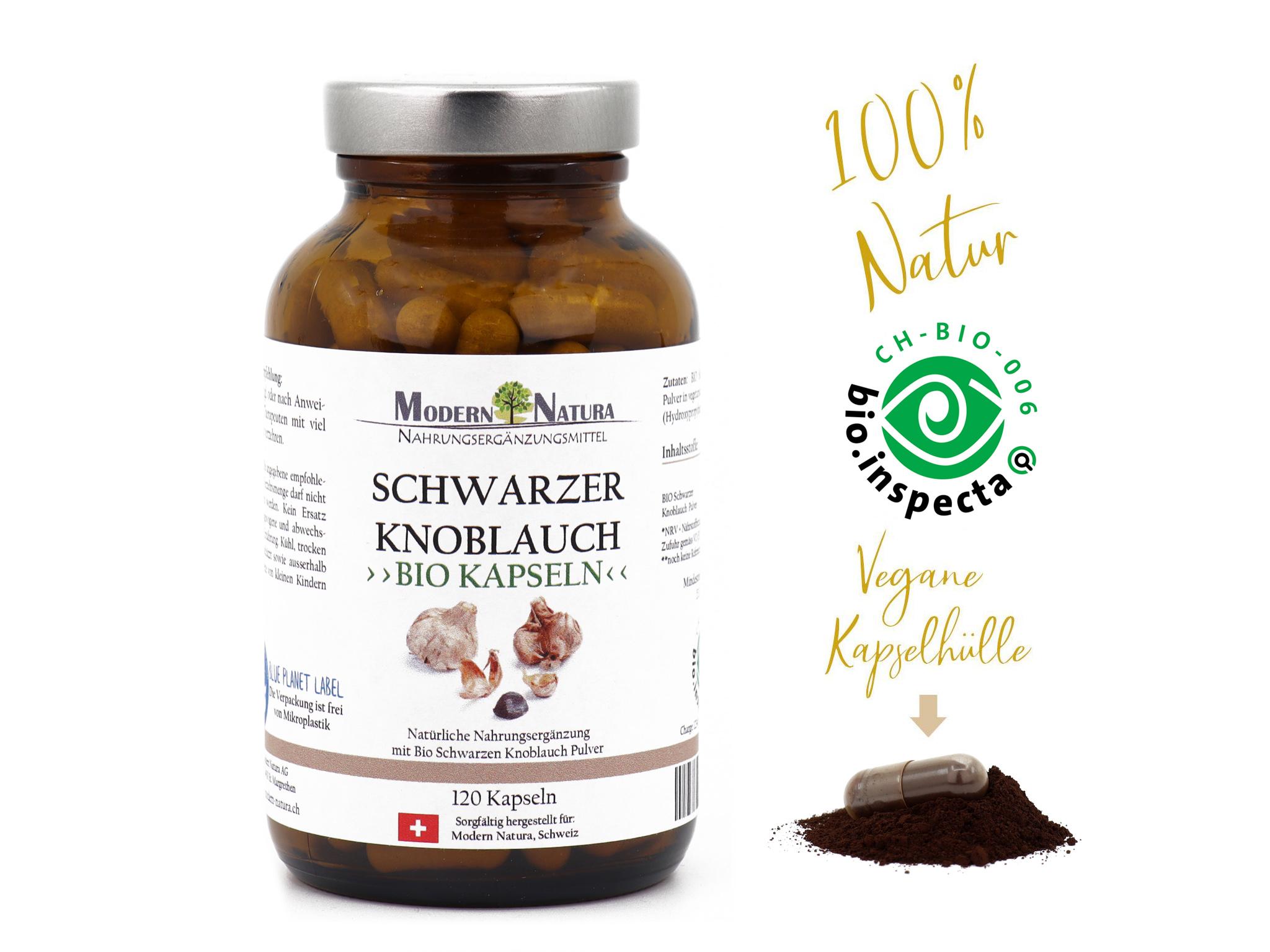 BIO Schwarzer Knoblauch (1x 120 Kapseln im Glas) Vegan & Glutenfrei - Mit reinem Bio Knoblauch Pulver - Reinstoffprodukt