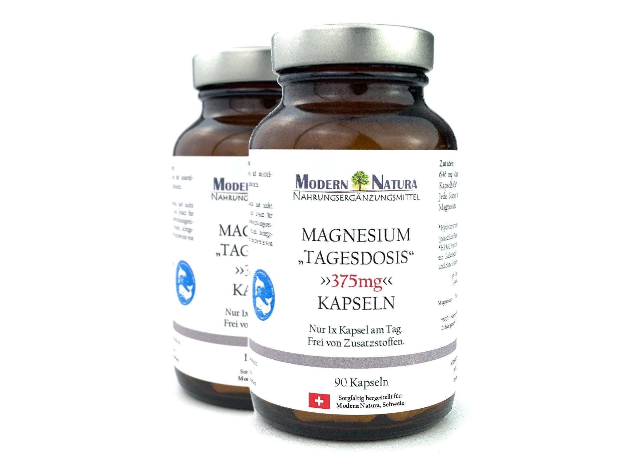 Magnesium "Tagesdosis" 375mg - Hochdosiert - 2x 90 Kapseln - Vegan & Glutenfrei - Hohe Bioverfügbarkeit (Doppelpack)