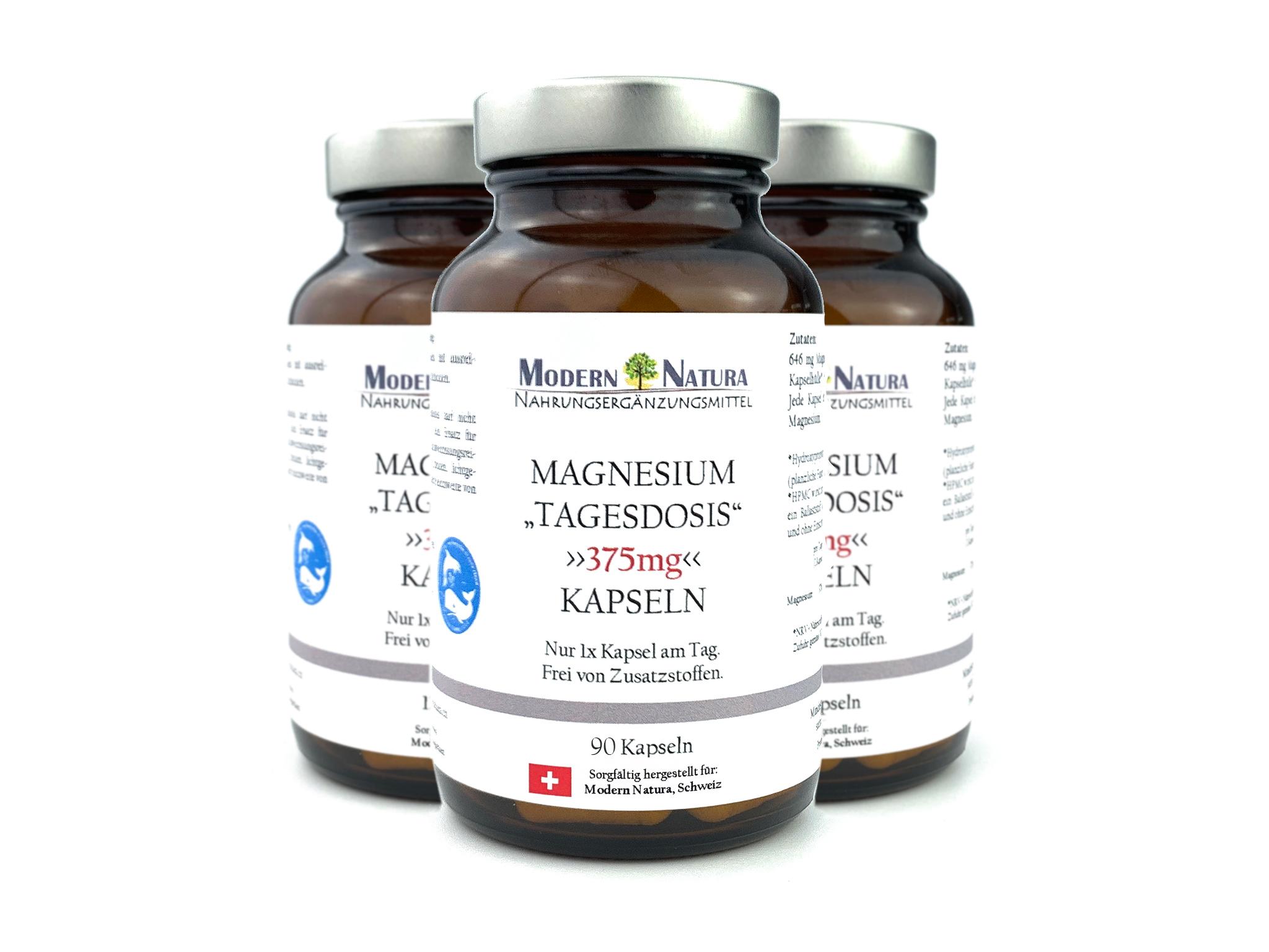 Magnesium "Tagesdosis" 375mg - Hochdosiert - 3x 90 Kapseln - Vegan & Glutenfrei - Hohe Bioverfügbarkeit (Dreierpack)