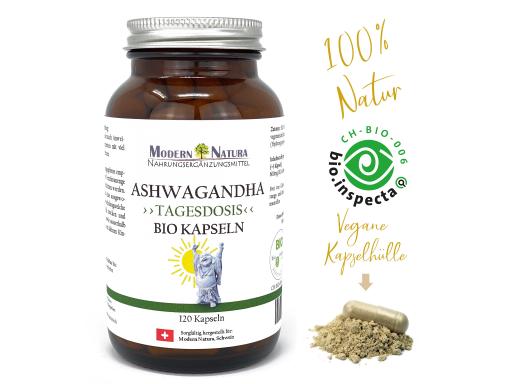BIO Ashwagandha (1x 120 Kapseln im Glas) Vegan & Glutenfrei - Mit reinem Bio Ashwagandha Pulver - Reinstoffprodukt