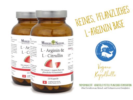 L-Arginin & L-Citrullin - 2x 100 Kapseln Doppelpack - Vegan & Glutenfrei - Reines L-Arginin Base
