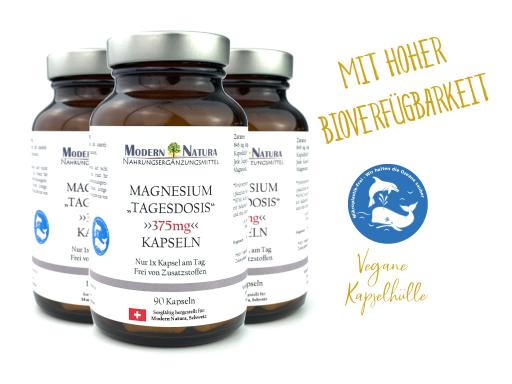 Magnesium "Tagesdosis" 375mg - Hochdosiert - 3x 90 Kapseln - Vegan & Glutenfrei - Hohe Bioverfügbarkeit (Dreierpack)